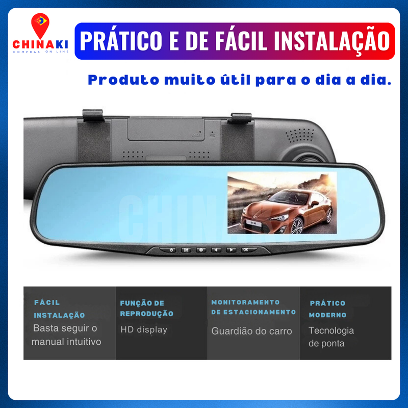 Retrovisor Com Câmeras Ré E Frontal - Dash Cam - Câmera Profissional 32GB HD 1080P ☑️