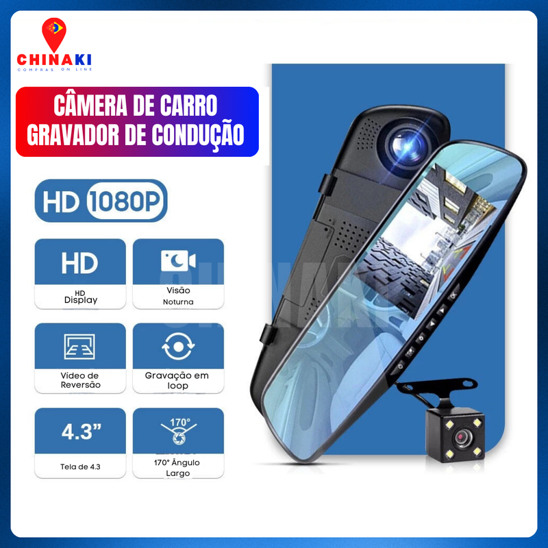 Retrovisor Com Câmeras Ré E Frontal - Dash Cam - Câmera Profissional 32GB HD 1080P ☑️