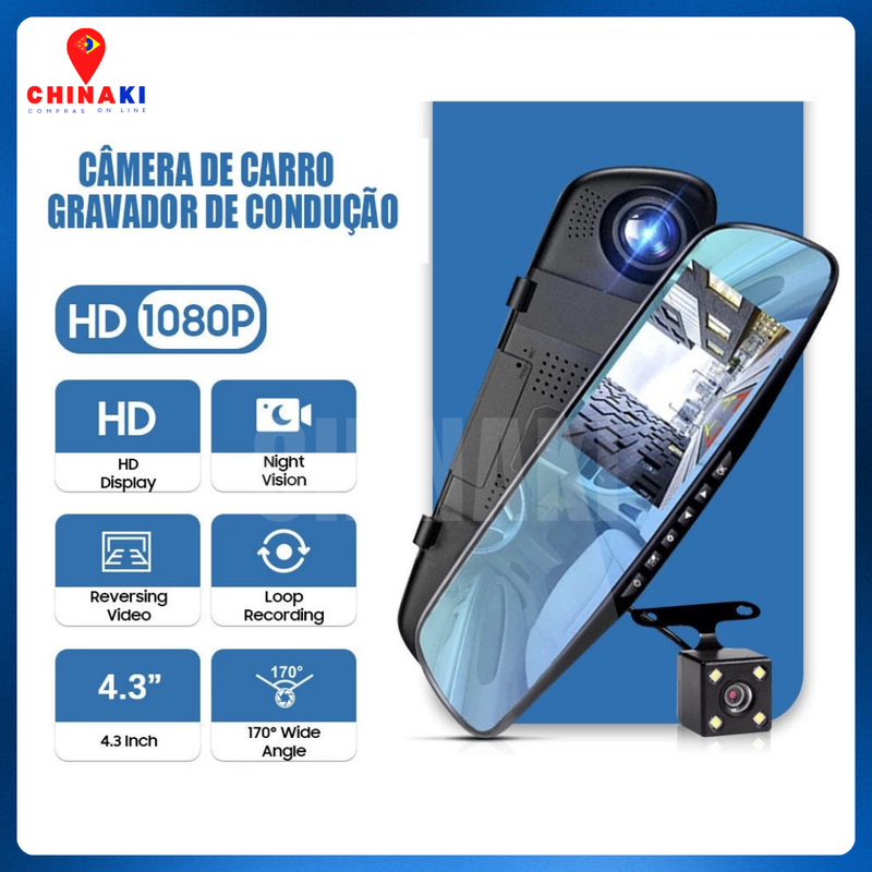 Retrovisor Com Câmeras Ré E Frontal - Dash Cam - Câmera Profissional 32GB HD 1080P ☑️